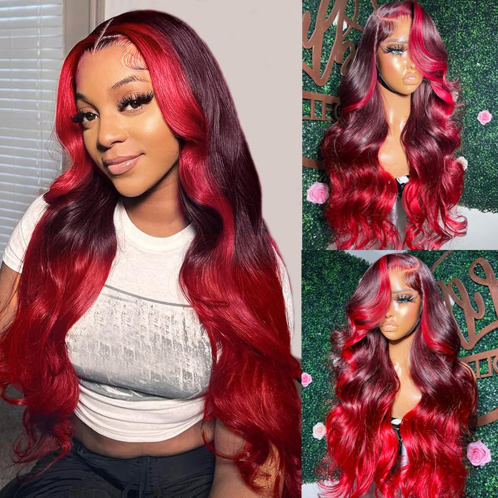 YMS Hot Red HD Lace Front Wigs 18 Inch - 180% Density Human Hair Wigs for Women with Skunk Stripe & Body Wave Ombre - Glueless 13x4 Lace Frontal Wig with Pre Plucked & Bleached Knots - Perfect for Cosplay, Parties, and Daily Fashion Styling