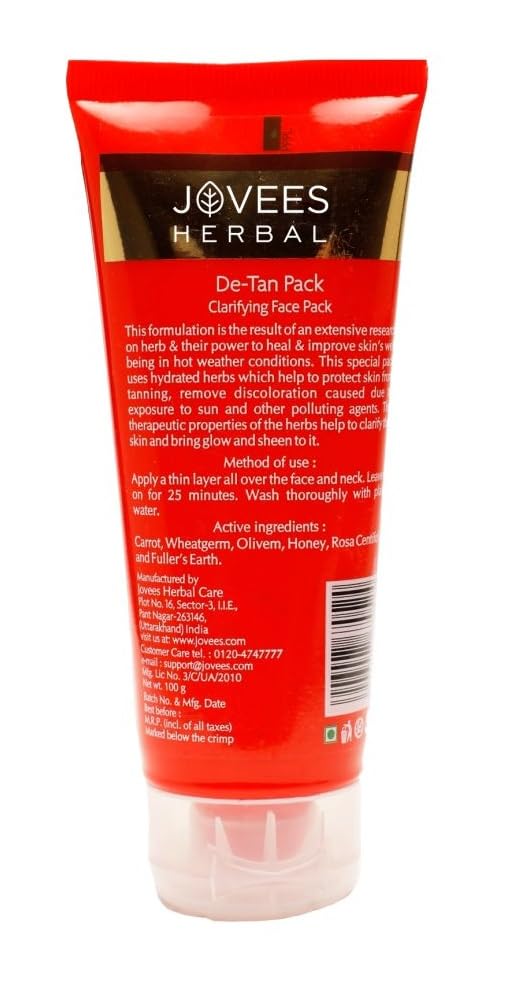 Jovees Herbal De-Tan Face Pack with Wheat Germ & Carrot | Natural Tan Removal & Skin Brightening Treatment | 100% Herbal, Paraben & Alcohol Free | 100g | Perfect for Sun-Damaged Skin & Post-Vacation Glow Recovery