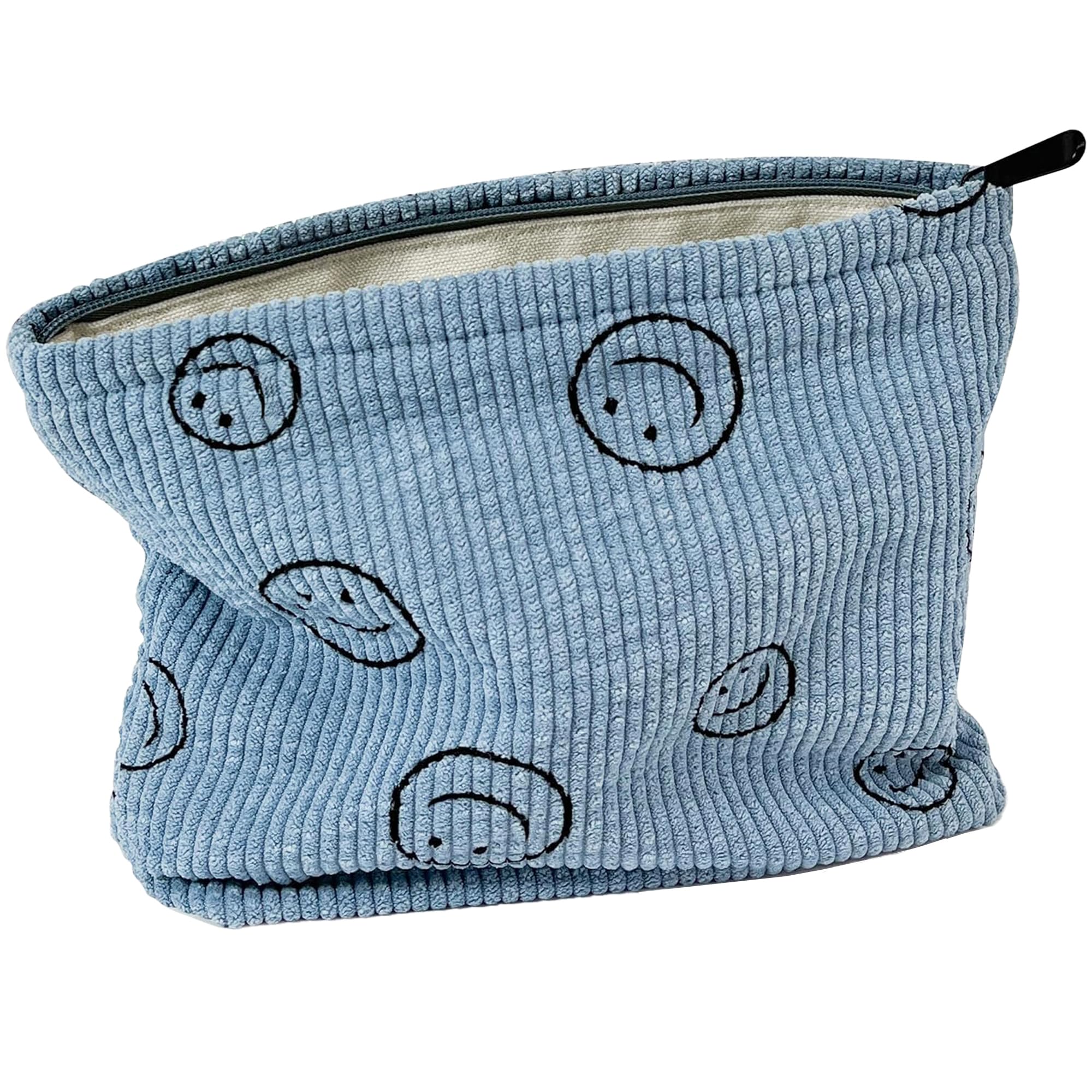 Stylish Corduroy Cosmetic Bag for Women - Cute Smiley Face Makeup Organizer, Travel Toiletry Pouch (Blue) | Perfect for Daily Use, Travel & Gift Giving