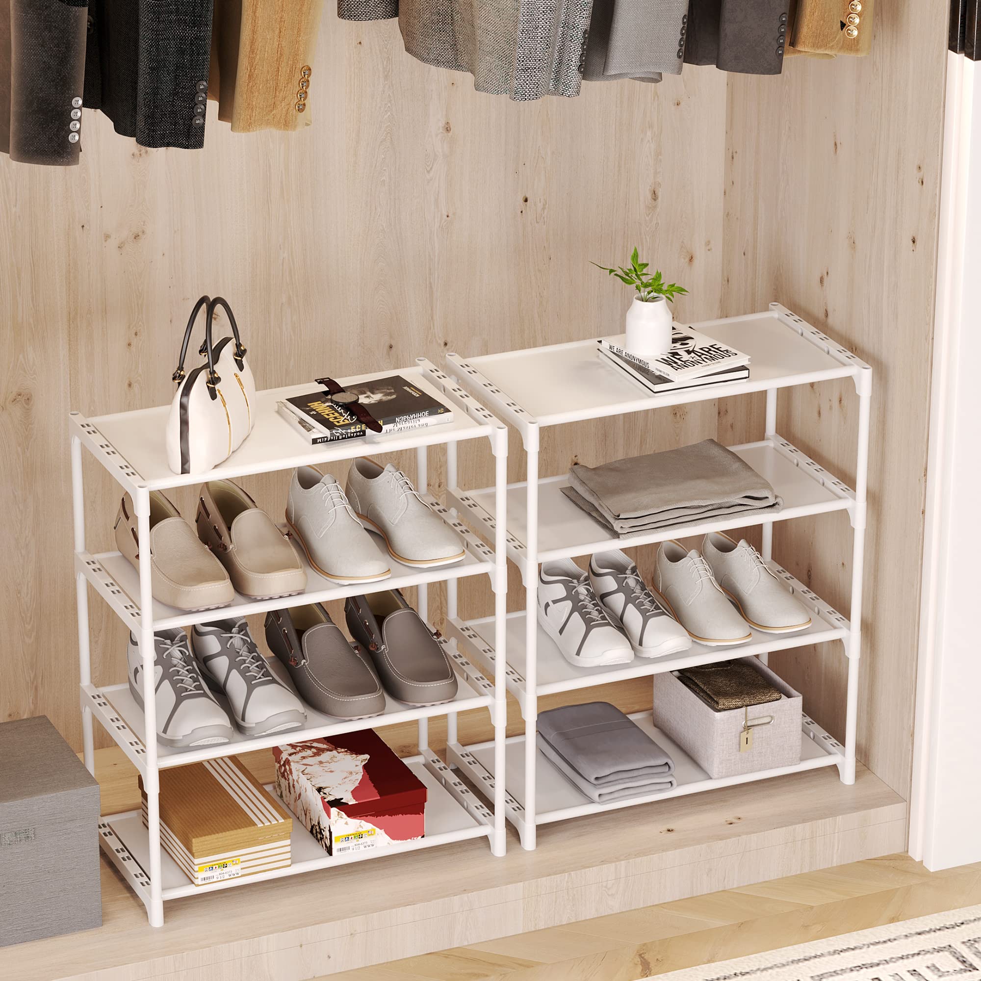 4-Tier Stackable Shoe Rack Organizer - Space Saving Shoe Storage Shelf for Entryway, Hallway, Closet, Bathroom & Living Room - Perfect for Small Spaces & Apartment Organization (White)