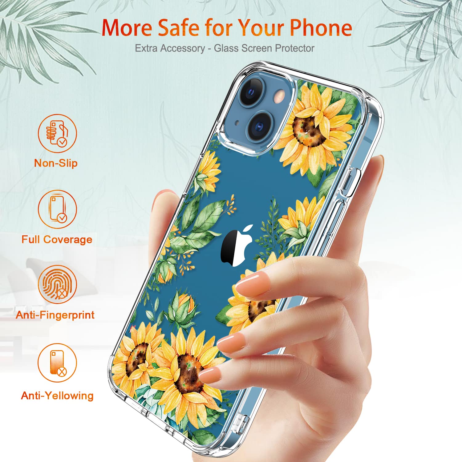 GiiKa iPhone 13 Mini Case with Screen Protector - 5.4 Inch Clear Shockproof Full Body Protective Case with TPU Bumper | Floral Design for Women & Girls | Yellow Sunflower Pattern | Perfect for Everyday Use, Travel & Outdoor Activities