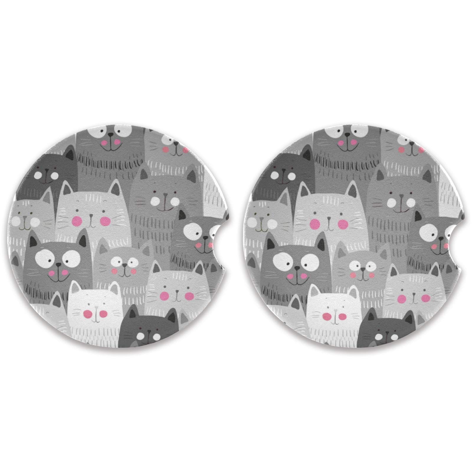 Qilmy 2-Pack Cat Car Cup Holder Coasters - Absorbent Ceramic Stone Coasters with Finger Notch for Easy Removal - Perfect for Coffee, Drinks & Car Organization