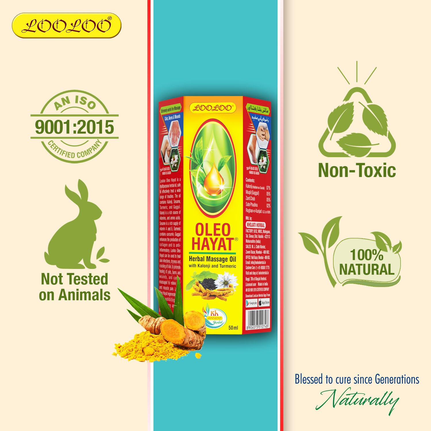 LooLoo Oleo Hayat Herbal Massage Oil with Kalonji & Turmeric - Skin Repair & Nourishment - 3 Pack (50ml Each) - Perfect for Relaxation, Aromatherapy & Spa Treatments