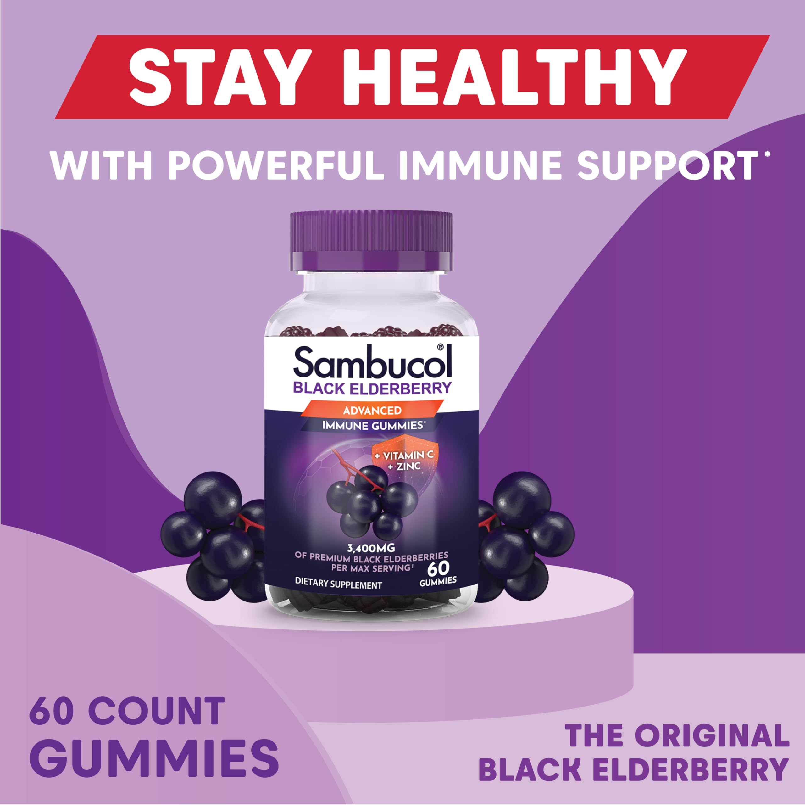 Sambucol Black Elderberry Gummies with Zinc & Vitamin C - Immune Support Supplement for Adults (60 Count) - Boosts Immunity During Cold & Flu Season