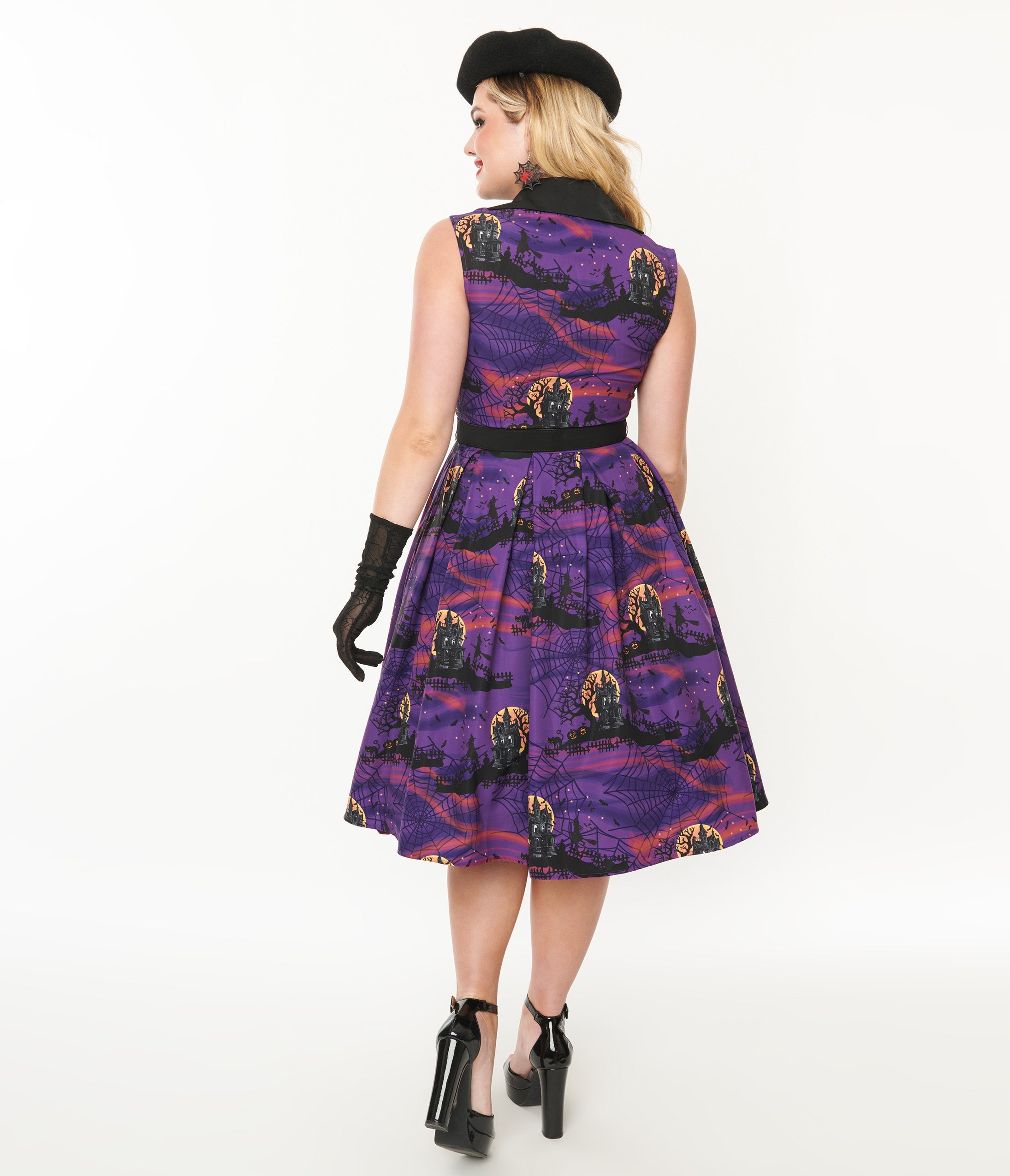 Vintage 1950s Purple Halloween Print Edith Swing Dress - Retro 50s Style Party Costume for Women, Halloween Outfit, Pinup Dress for Cosplay & Themed Parties
