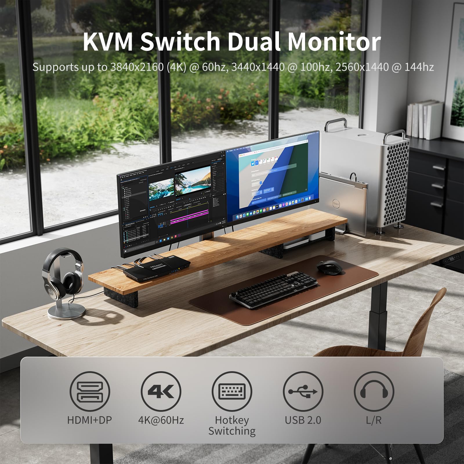 TESmart 4K60Hz Dual Monitor KVM Switch - 2 Computers 2 Monitors DisplayPort & HDMI with EDID Emulator, Audio Jack, Copy/Extend Modes | Enhanced Keyboard & Mouse Compatibility | Perfect for Home Office, Gaming Setup & Multi-Tasking Workstations