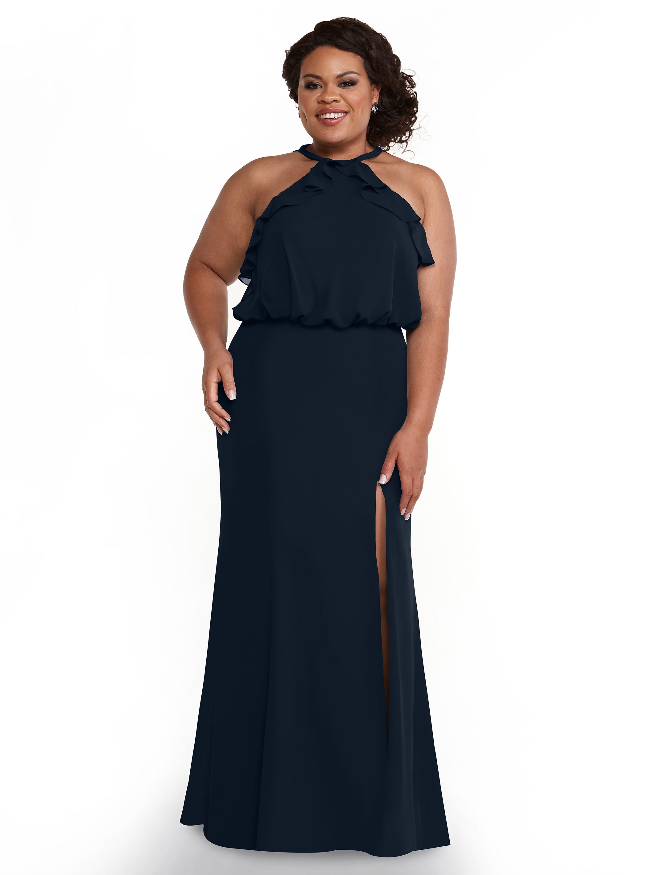 Elegant 80147 Fit and Flare Chiffon Bridesmaid Dress with Ruffled Neckline & Thigh Slit - Perfect for Weddings, Proms, and Formal Events