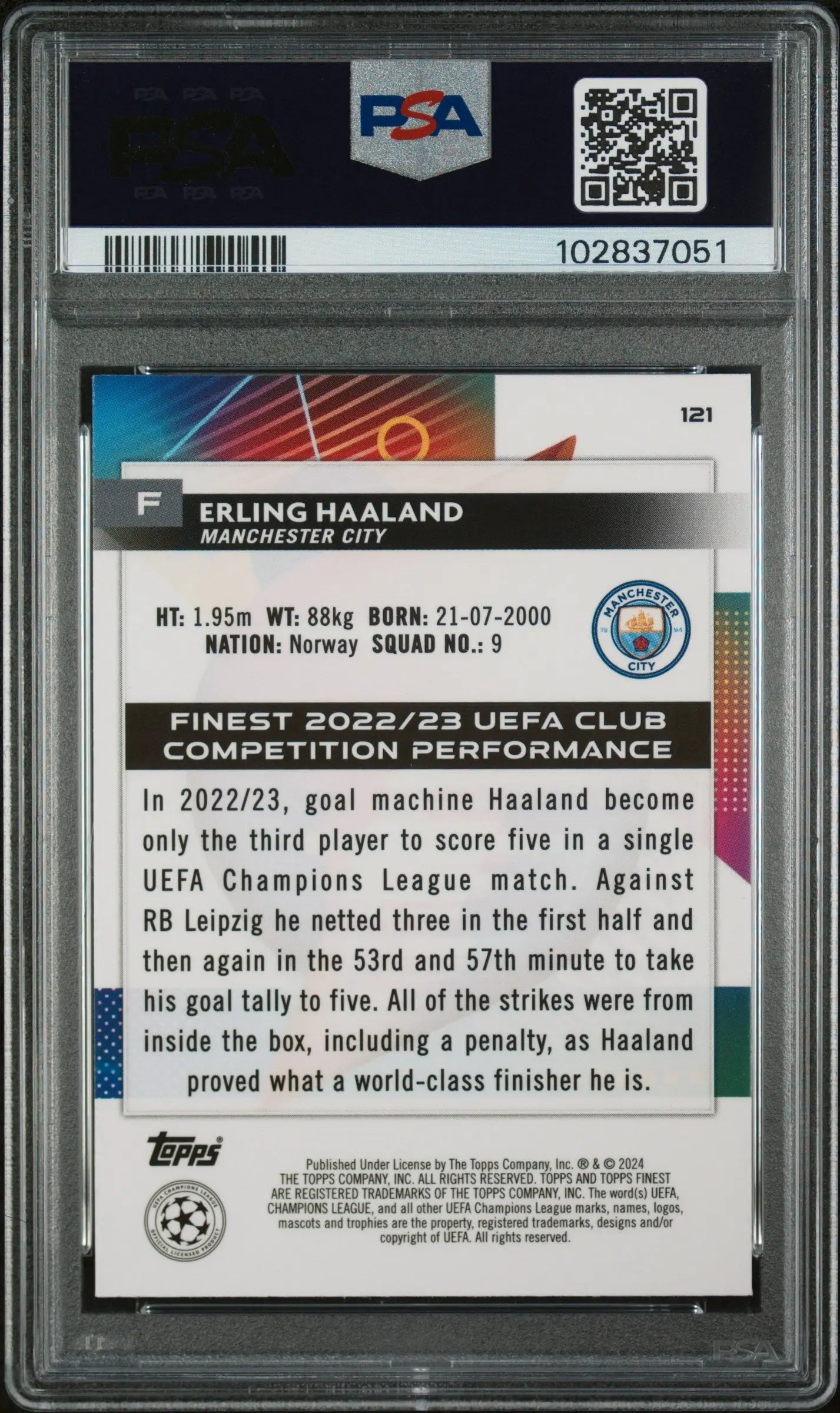 2023-24 Topps Finest UEFA Champions League Erling Haaland Gold Refractor PSA 10 Gem Mint 1/50 - Rare Soccer Trading Card for Collectors & Investors