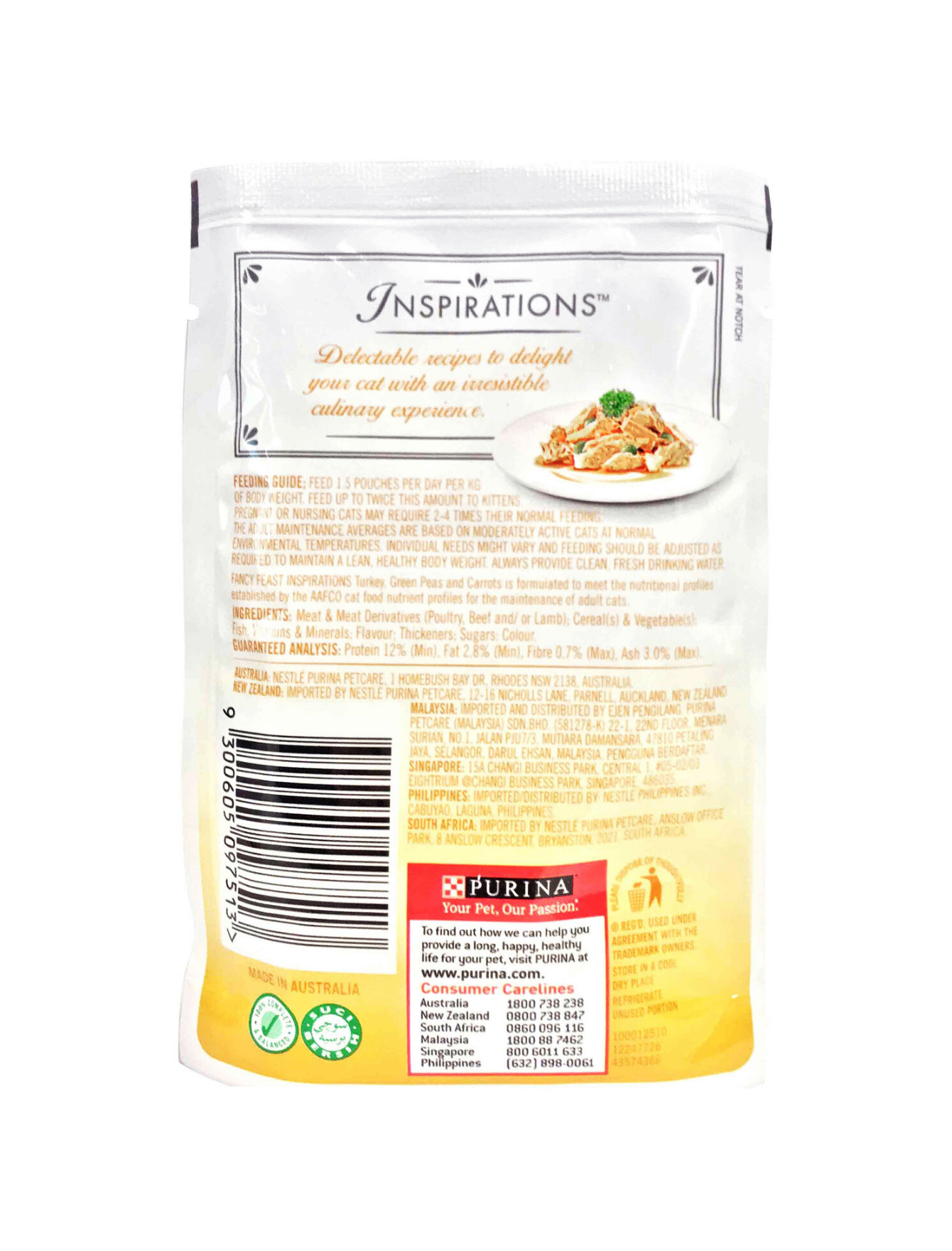 Fancy Feast Inspirations Turkey, Green Peas & Carrots Wet Cat Food Pouches - 70g (Pack of 24) | Grain-Free, Natural Ingredients for Adult Cats | Perfect for Mealtime, Travel & Treats