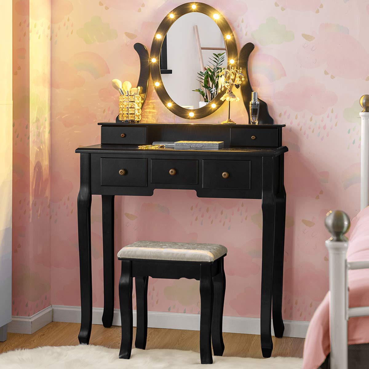 Giantex 12-Lights Vanity Table Set with 360° Rotating Oval Mirror, 5 Drawers & Shelf - Modern Makeup Dressing Table with Cushioned Stool for Women & Girls (Black) | Perfect for Bedroom, Dressing Room & Home Beauty Station
