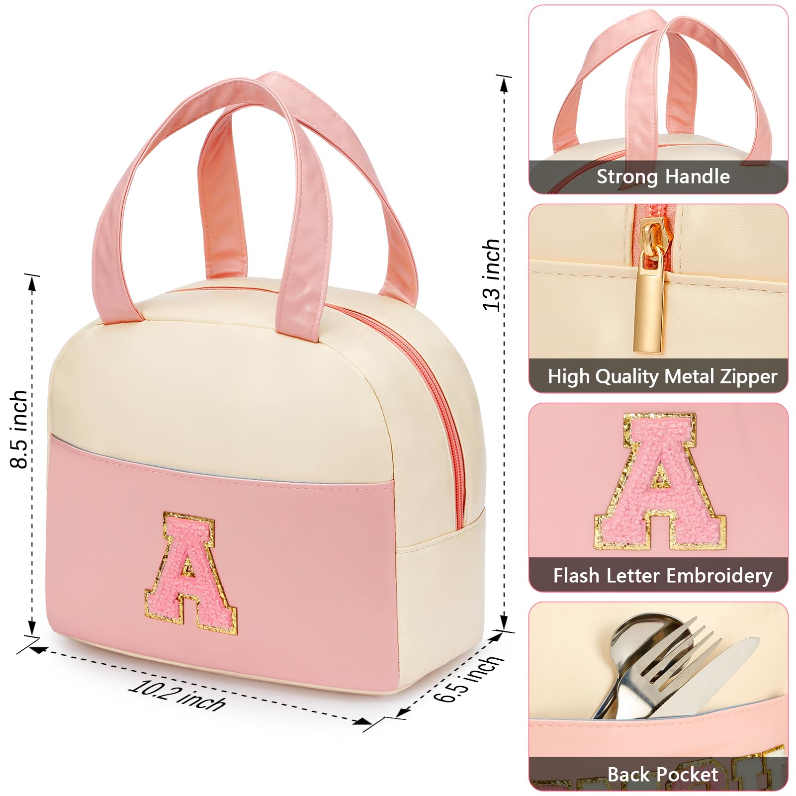 Insulated PU Leather Lunch Bag for Women & Men - Leakproof Freezable Cooler Bag with Chenille Letters, Reusable Portable Lunch Box for Office, Work, School & Picnics