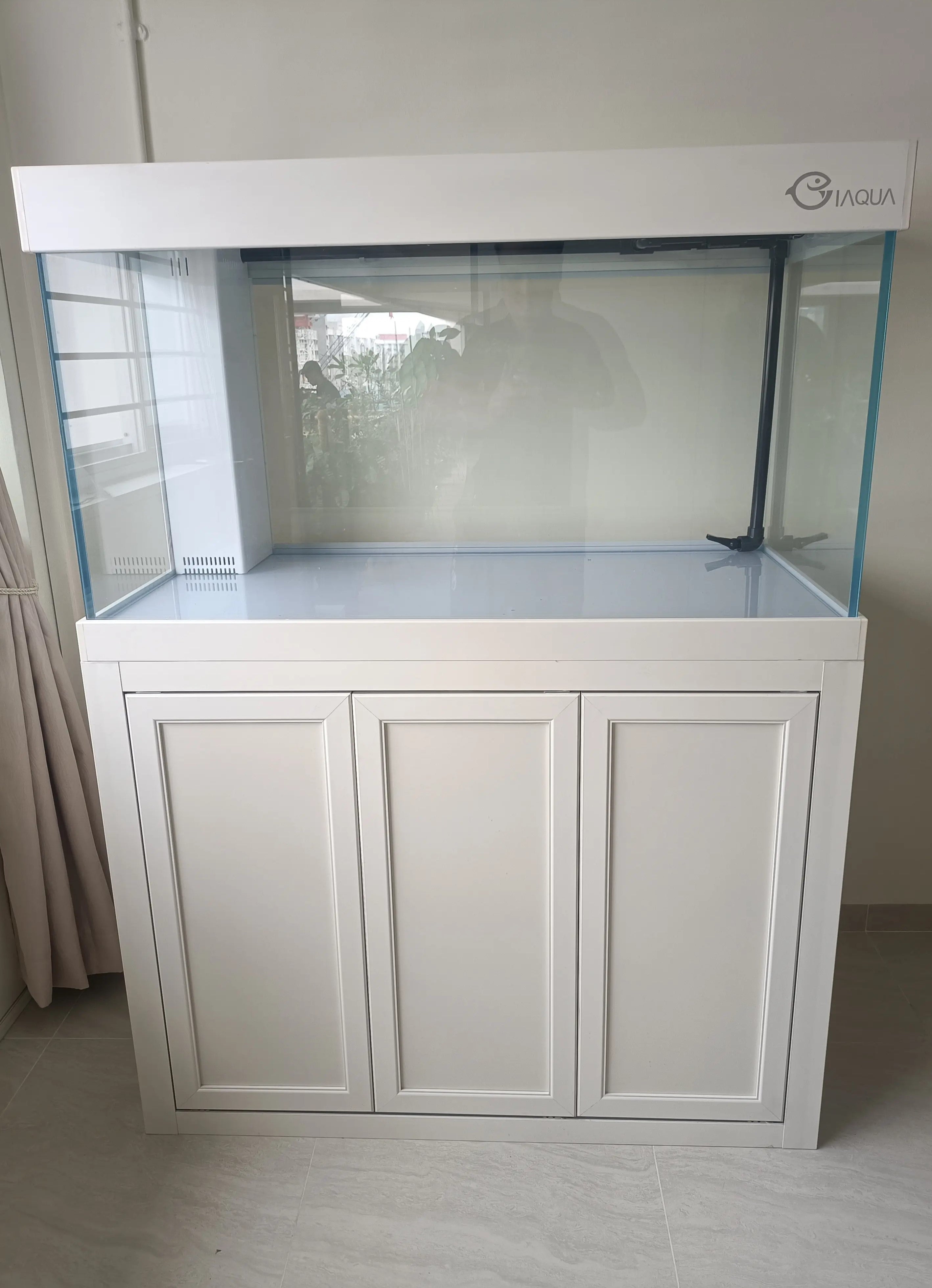 IAQUA 100 Gallon Crystal Clear Glass Aquarium Tank with Sump & Aluminum Cabinet - Premium Saltwater & Freshwater Fish Tank for Home, Office & Commercial Use