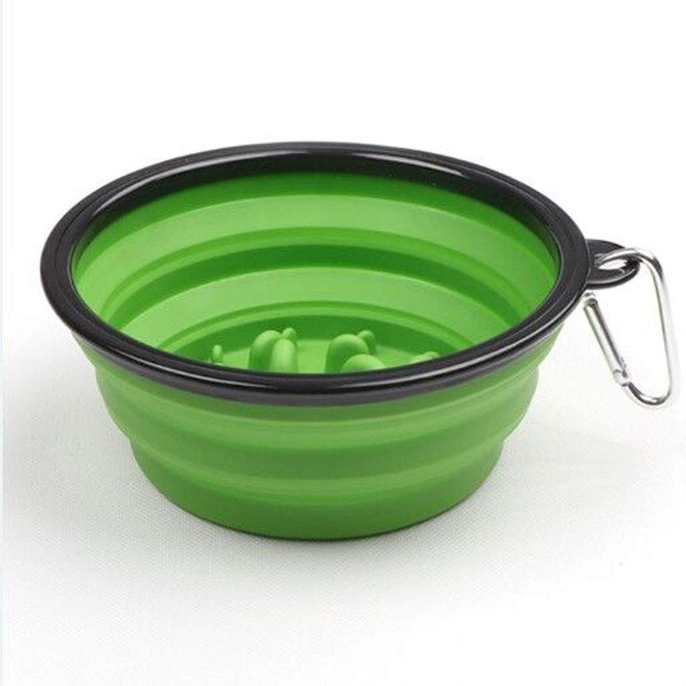 2 Pack Collapsible Slow Feed Dog Bowls - Portable Foldable Pet Bowls for Small Dogs, Puppies & Cats - Expandable Travel Food & Water Dish for Pets (Blue + Green) - Perfect for Hiking, Camping & Road Trips