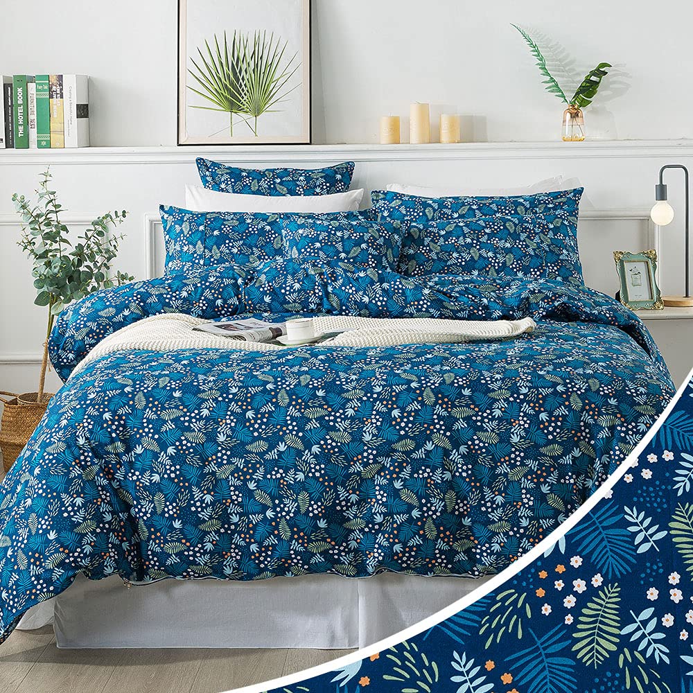 FADFAY King Duvet Cover Set 100% Cotton - Luxury Farmhouse Bedding with Navy Blue Leaves Print, Shabby Chic Vintage Style, Soft & Breathable, Stain Resistant - 3 Piece Set (Comforter Not Included) - Perfect for Master Bedroom, Guest Room & Cozy Farmhouse Decor