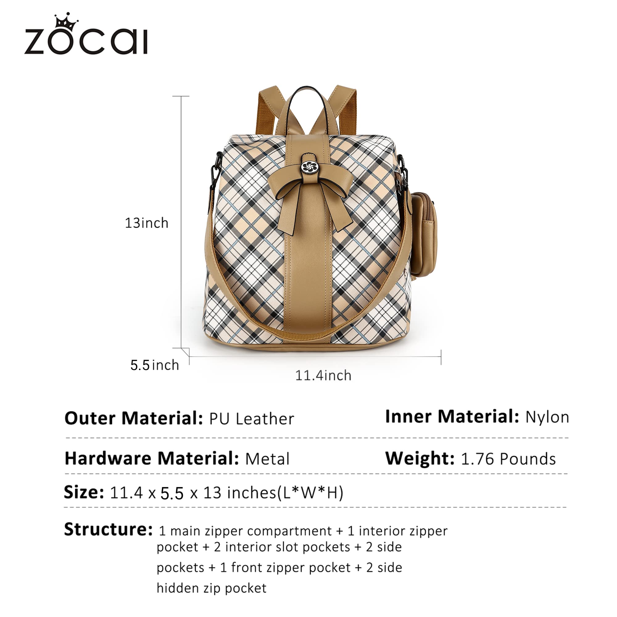 ZOCAI Women's Fashion PU Leather Backpack Purse - Anti-Theft Shoulder Bag & Satchel Daypack for Work, Travel & Daily Use