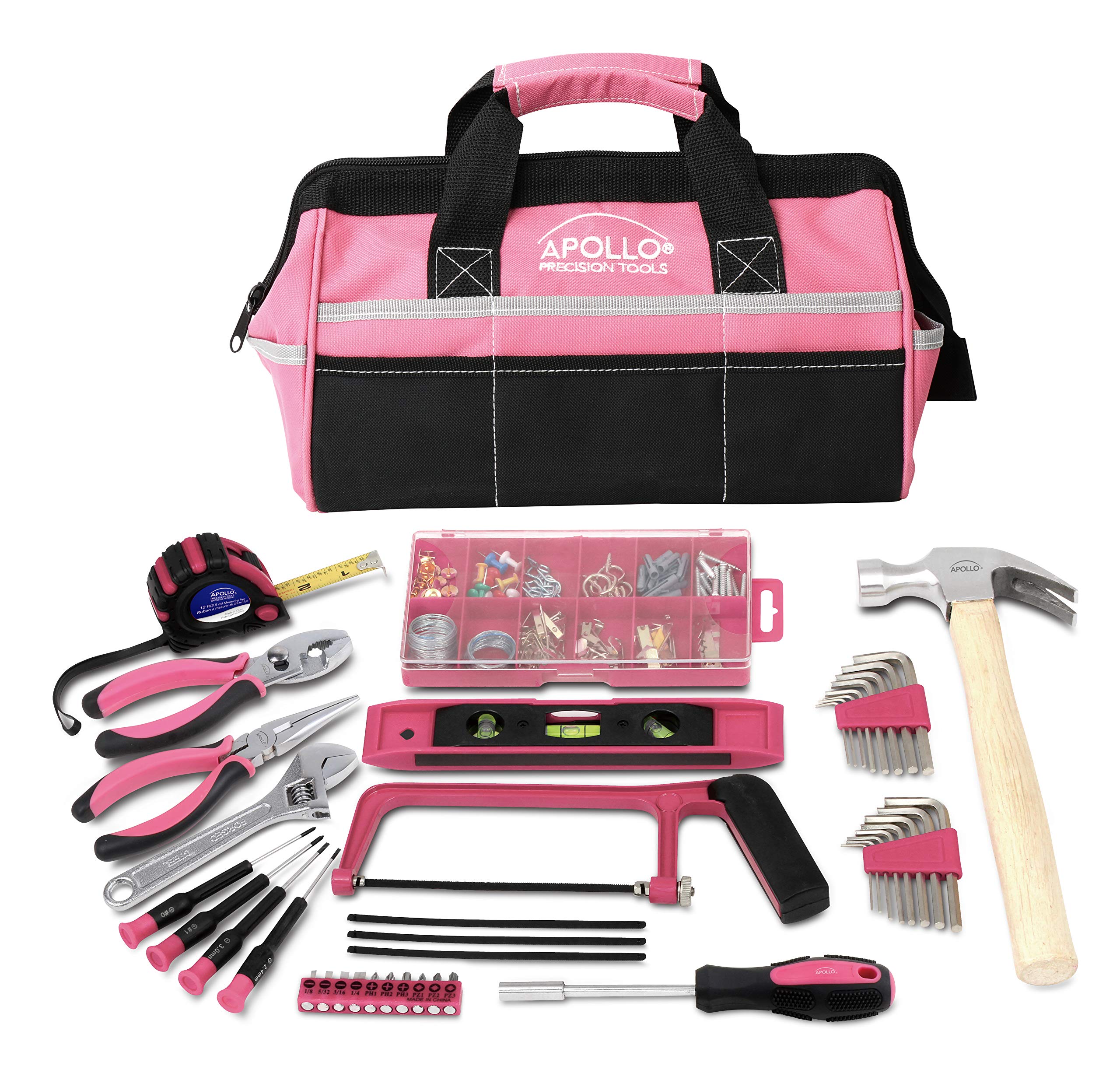 APOLLO TOOLS 201-Piece Pink Home Tool Kit with Hacksaw, Picture Hanging Set & Essential Tools in Durable Tool Bag - Perfect for DIY Projects, Home Repairs & Gift Giving (Model DT0020P)