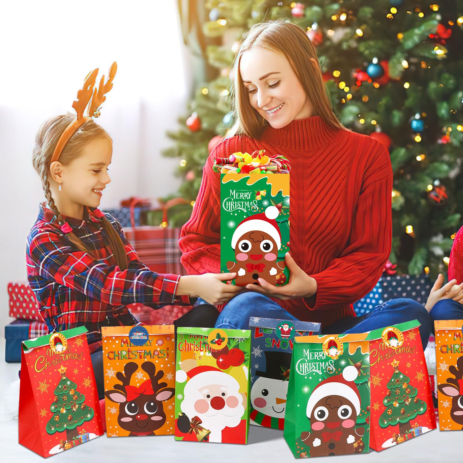 FEBSNOW 40-Pack Christmas Gift Bags with Stickers - Holiday Candy Treat Bags for Kids, Xmas Cookie Wrapping, Party Favors & Craft Paper Bags - Perfect for Christmas Parties, School Events & Gift Exchanges