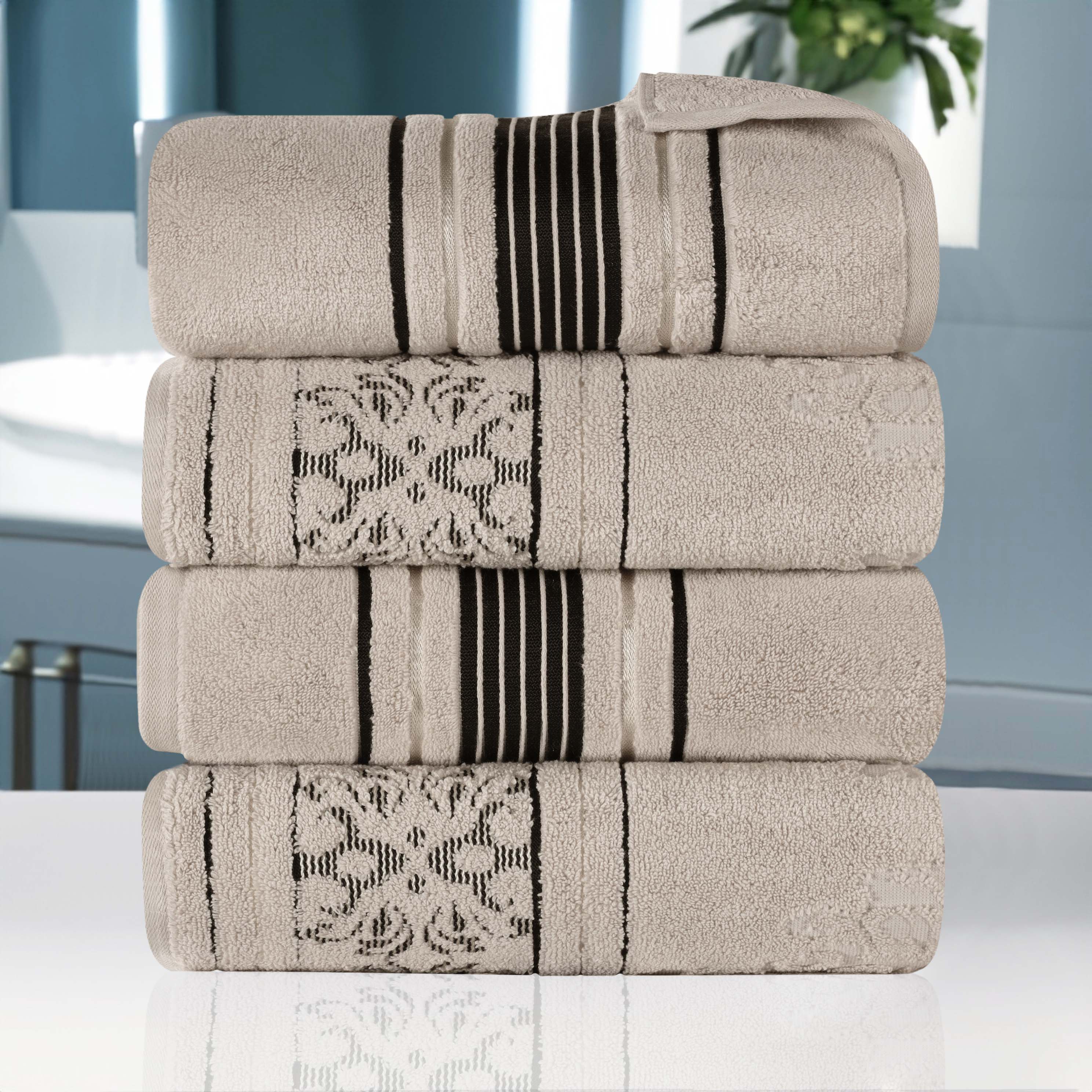 Premium 100% Zero Twist Cotton Bath Towel Set of 4 - Ultra Soft & Absorbent Solid & Jacquard Floral Design - Perfect for Spa, Bathroom & Luxury Home Decor