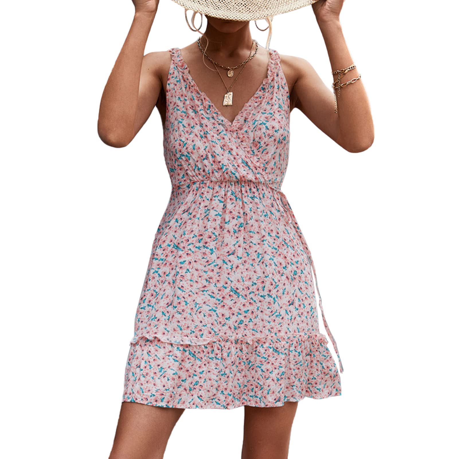 Ejoyous Women's Floral Print Summer Dress - Sleeveless V-Neck Mini Dress with Waist Belt & Ruffled Hem, Knee-Length Loose Fit (Size XL, White) | Perfect for Beach Vacations, Garden Parties & Casual Outings