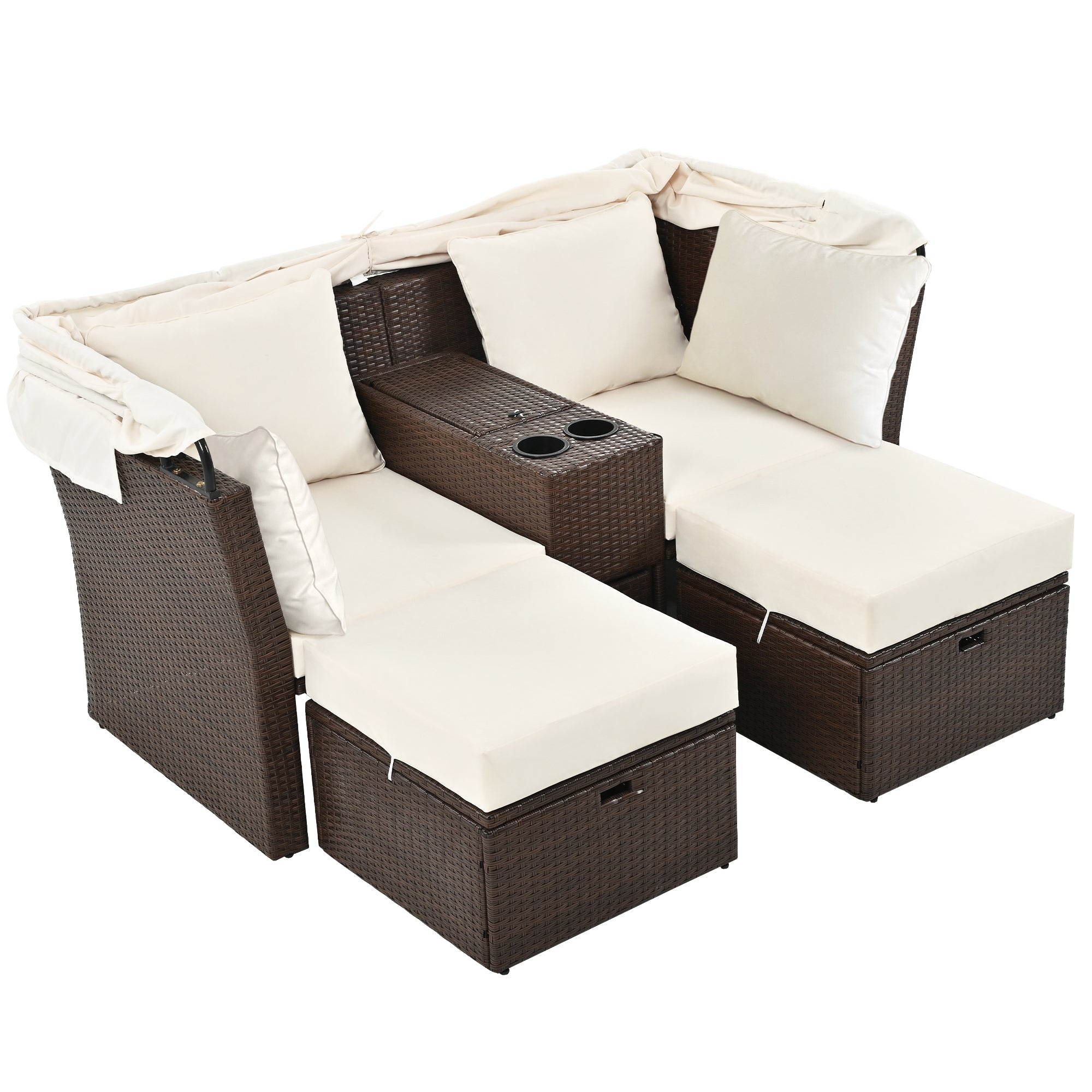 2 Seater Outdoor Patio Daybed with Foldable Awning & Cushions - Double Loveseat Sofa Set for Garden, Balcony, Poolside - Perfect for Relaxing, Sunbathing & Outdoor Lounging (Beige)