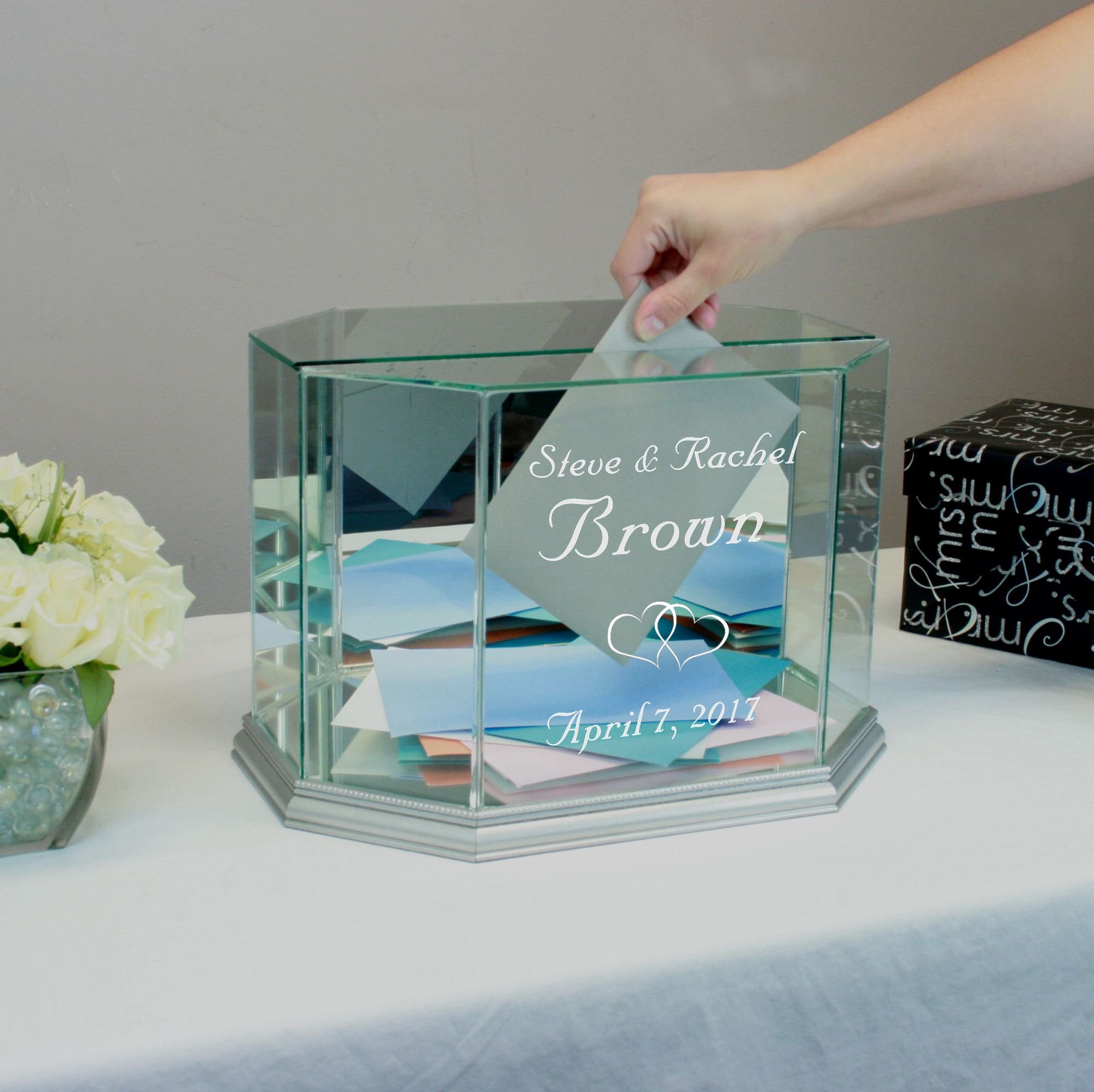 Personalized Silver Octagon Glass Wedding Card Box - Elegant Gift Box for Wedding, Bridal Shower & Anniversary Celebrations