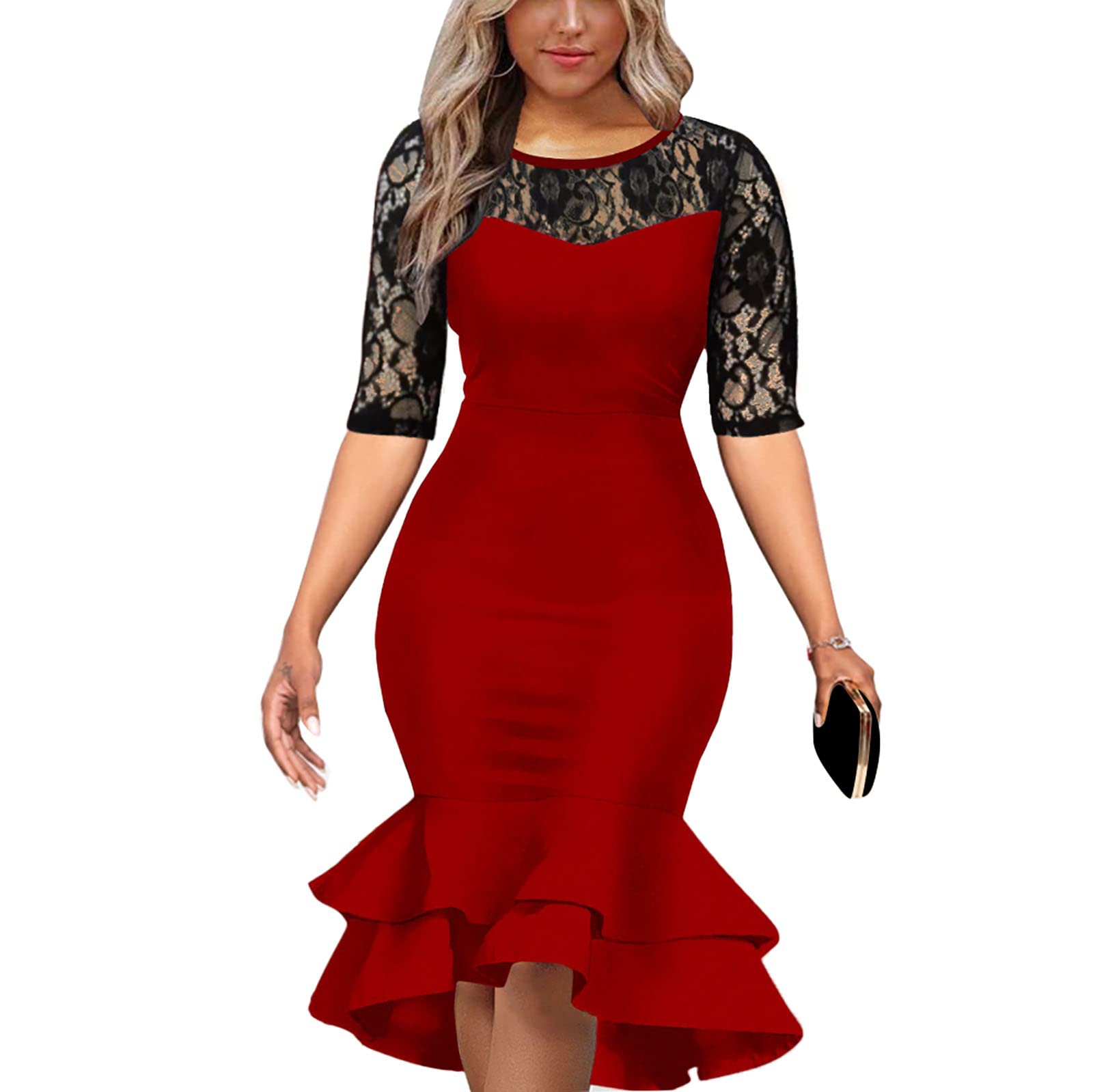 Elegant Women's Bodycon Fishtail Dress with Short Sleeve & Lace Patchwork - Wedding Guest, Formal Cocktail, or Party Midi Dress for Special Occasions