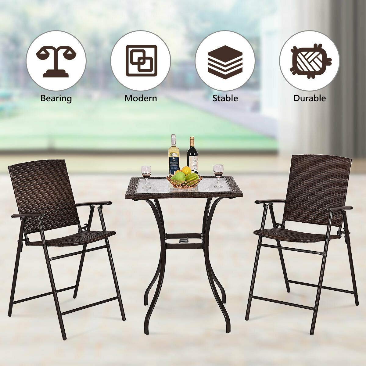 Rattan Bar Square Table with Glass Top & Steel Frame - Outdoor Bistro Table for Patio, Garden, Backyard - Perfect for Dining, Entertaining & Relaxing