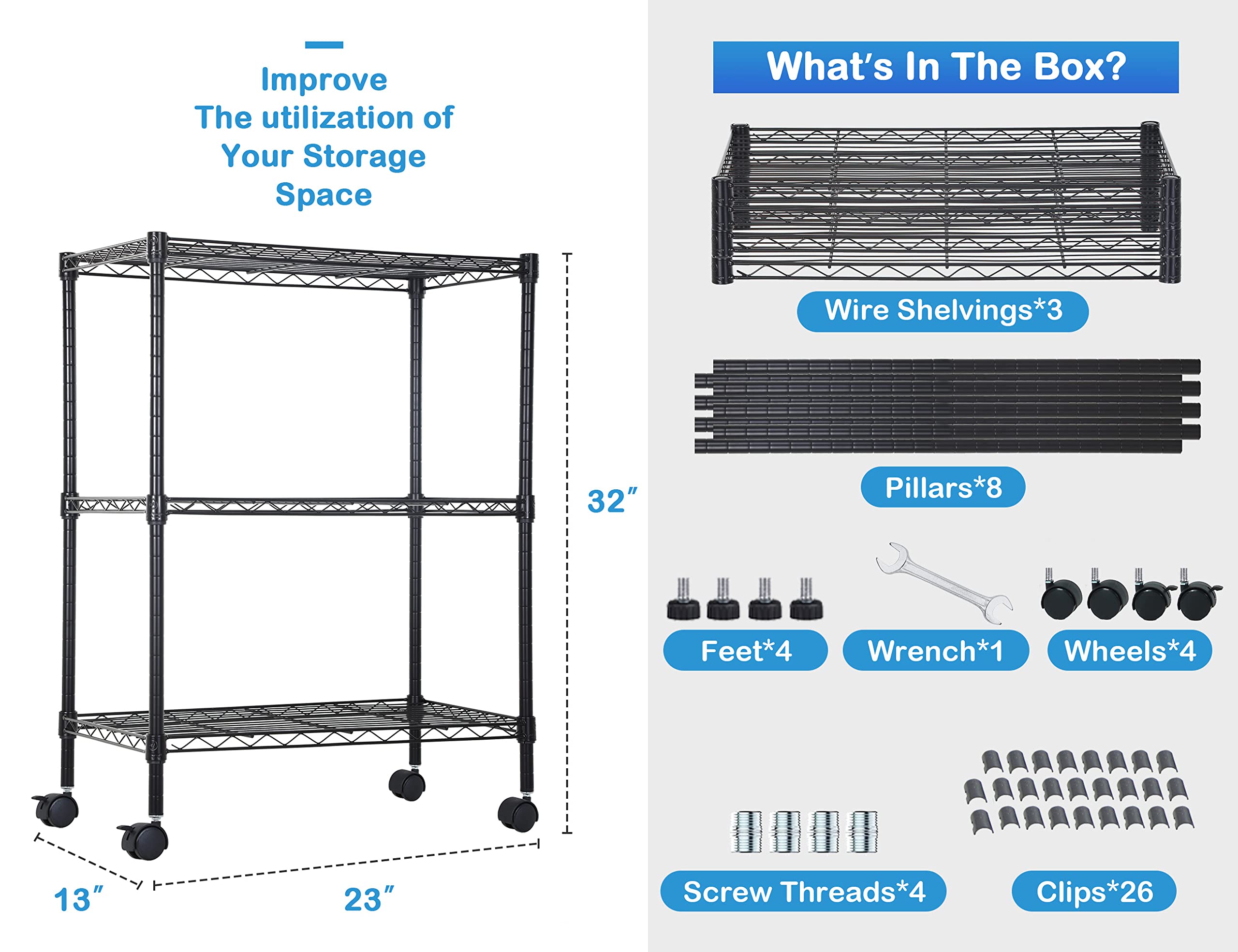 3-Tier Adjustable Metal Wire Shelf Organizer - 23x13x32 Inches, 450 lbs Capacity - Kitchen, Bathroom & Laundry Storage Solution - Perfect for Pantry Organization, Bathroom Essentials & Closet Storage