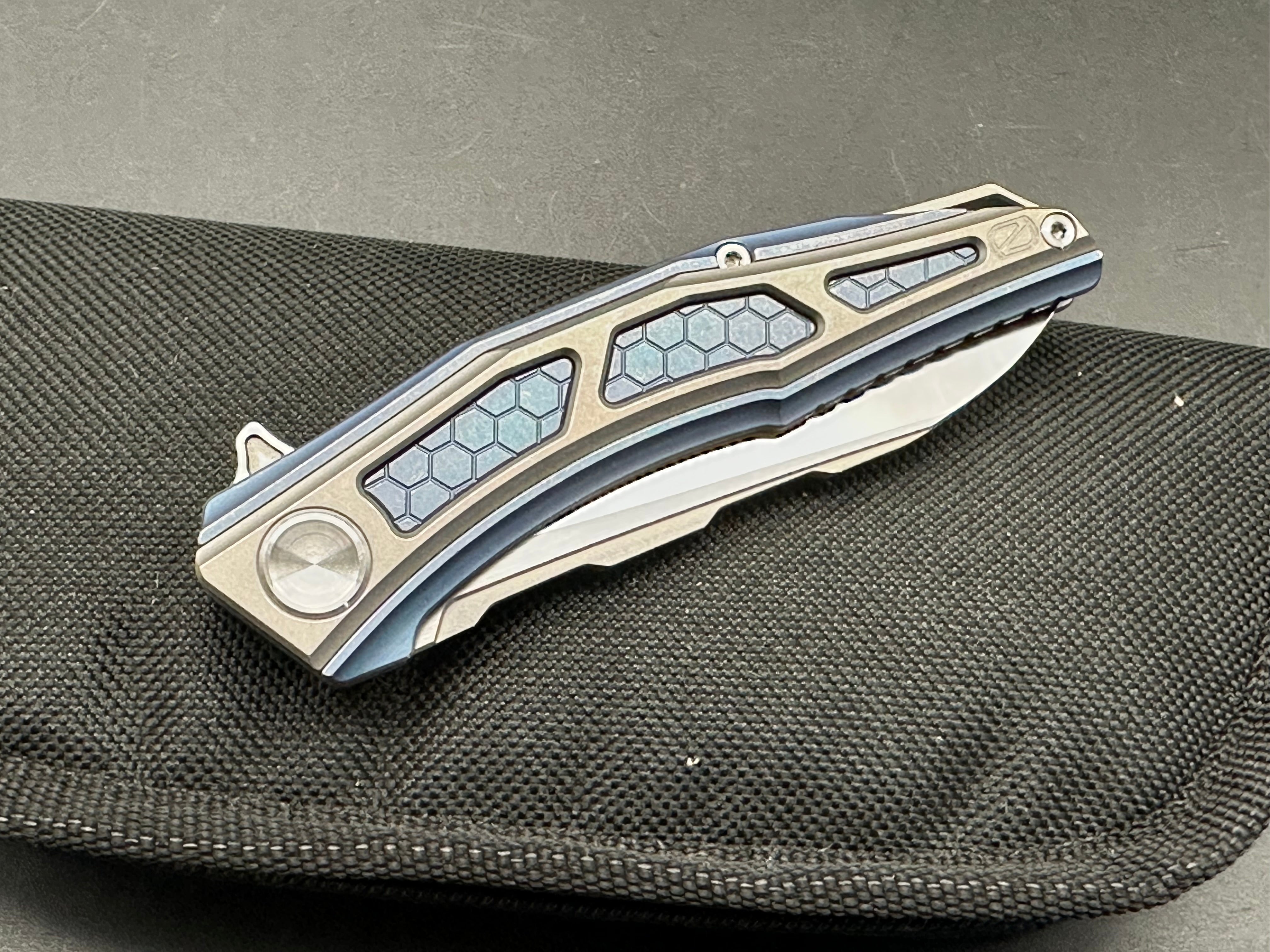 Stedemon Jenova Knife - Blue Milled Titanium & Grey Titanium Frame, Wharncliffe Blade, Satin CTS 204P Steel - EDC, Outdoor, Camping & Tactical Use