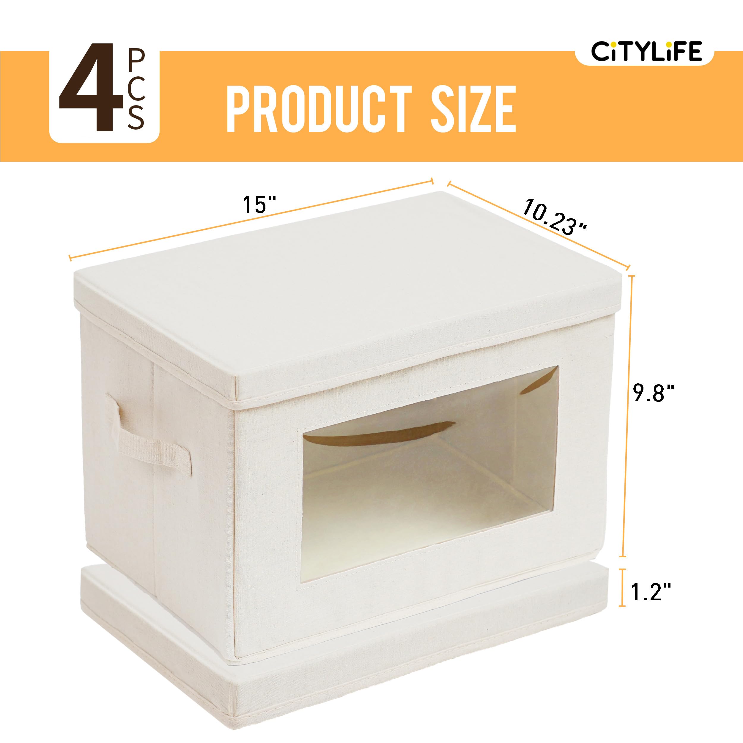 Citylife 4-Pack Foldable Fabric Storage Bins with Lids & Soft Cord Handles - Closet Organizer Baskets for Clothes, Books & Home Organization (Beige) | Perfect for Bedroom, Nursery & Office Storage Solutions