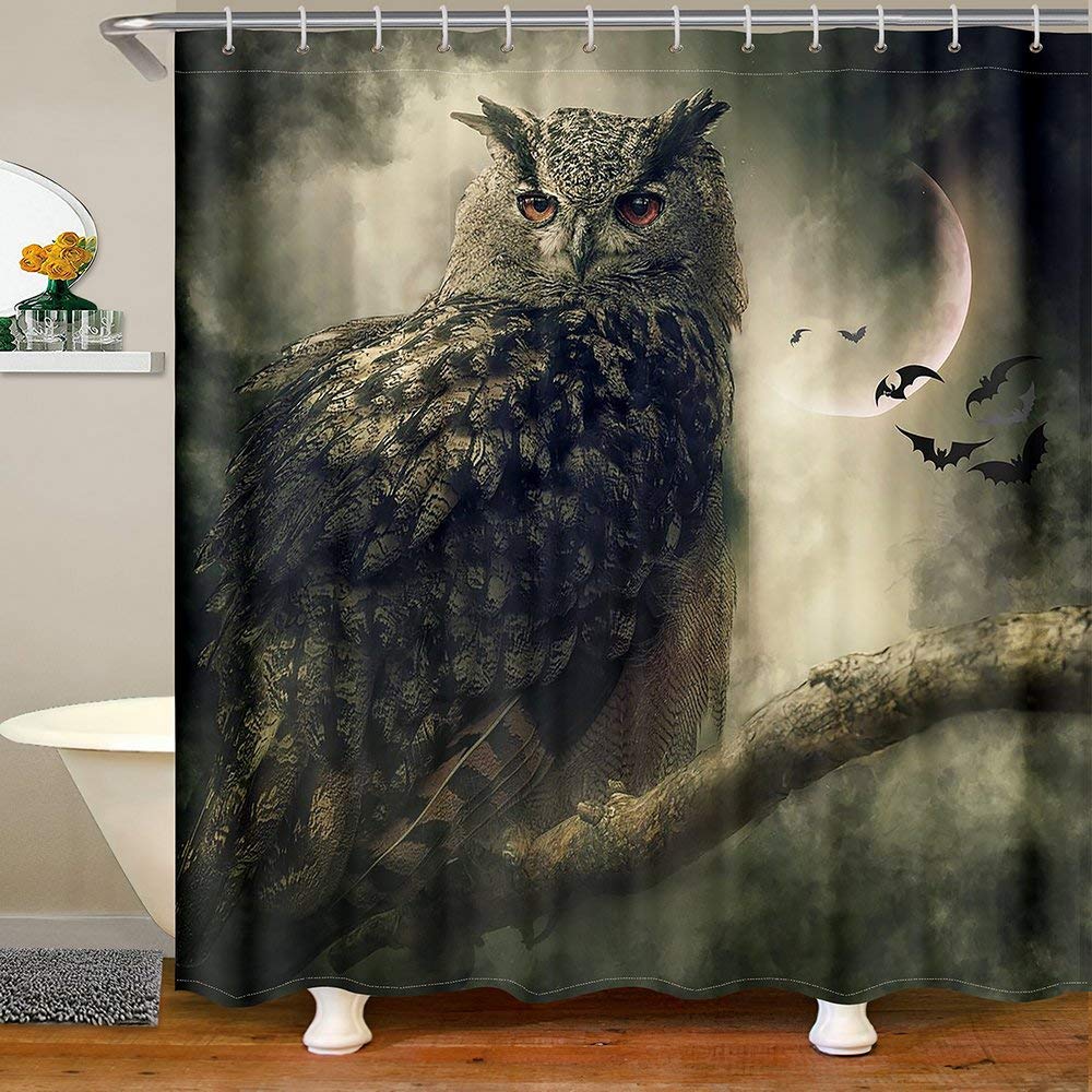 Owl Castle Shower Curtain - Deep Green Branch with Bat & Bird Pattern, 72x72 Inches, Waterproof Bathroom Decor for Kids, Boys & Adults - Perfect for Themed Bathrooms & Nature-Inspired Home Decor