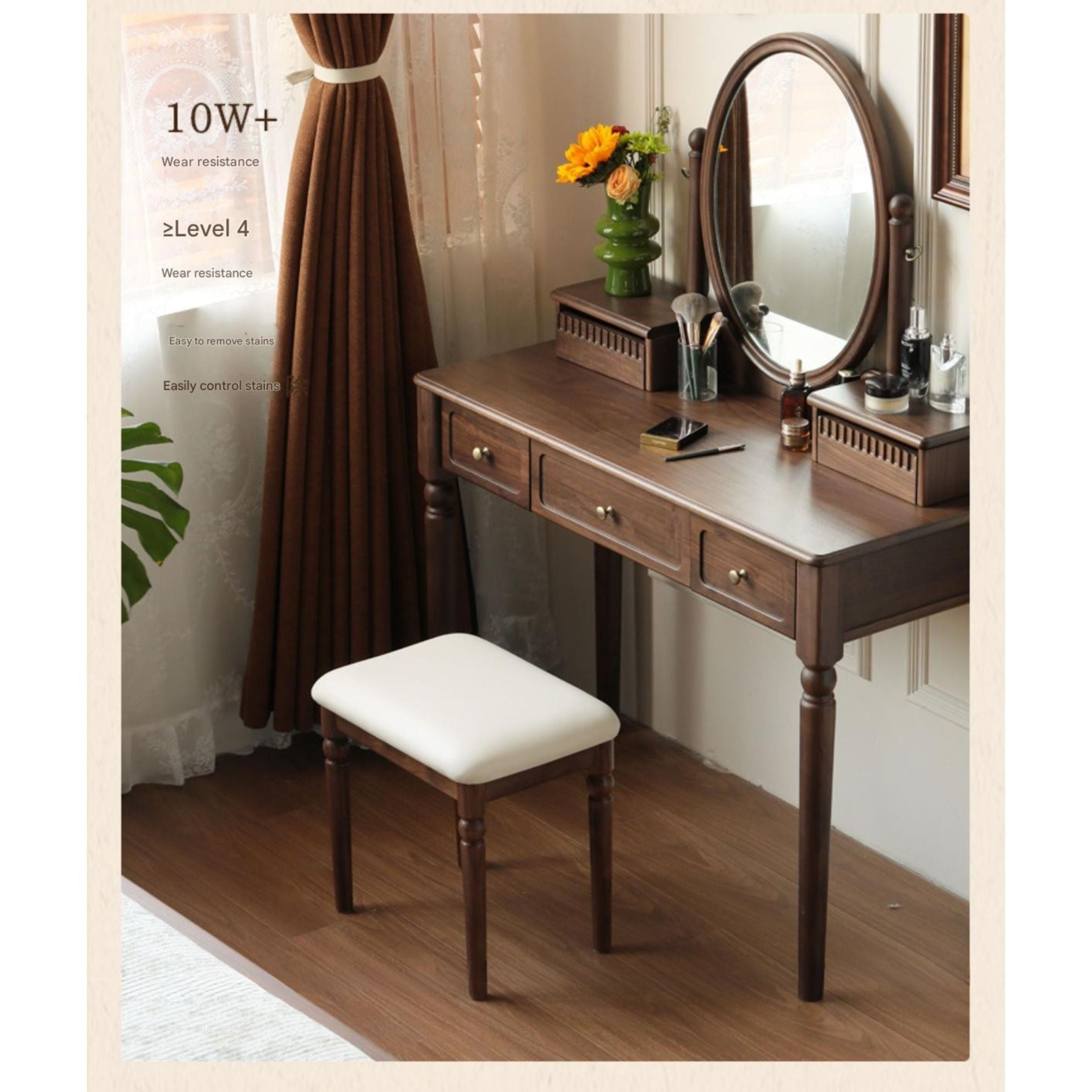 Vintage American Black Walnut Solid Wood Makeup Stool - Durable & Stylish Vanity Seat for Bedroom, Dressing Room & Salon (Retro Makeup Chair)