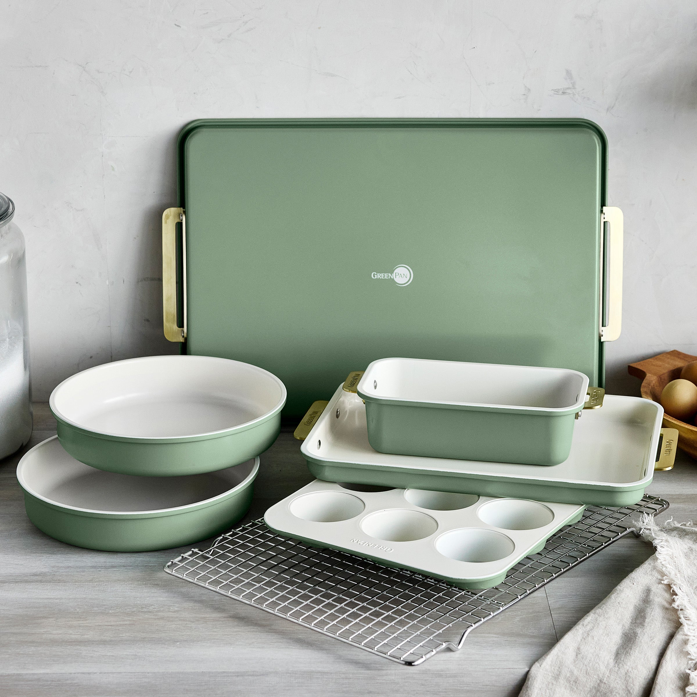 Premium Reserve Bakeware 7-Piece Nonstick Baking Set - Oven Safe Kitchen Essentials for Cakes, Cookies & Bread (Sage Green) | Perfect for Home Bakers & Holiday Gift Giving