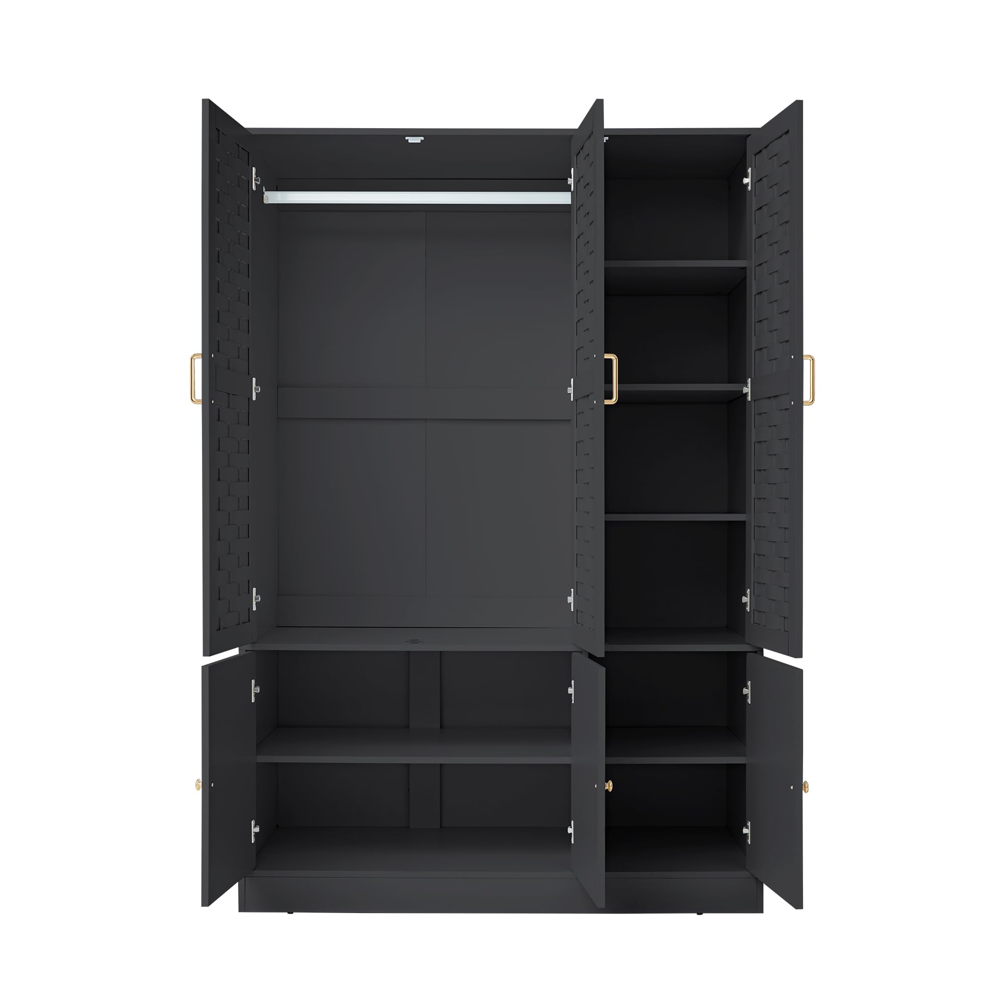 Large Wooden Armoire Wardrobe with 6 Woven Doors & 8 Shelves - Spacious Storage Cabinet with Metal Handles & Hanging Rod for Bedroom, Closet or Living Room Organization (Black)