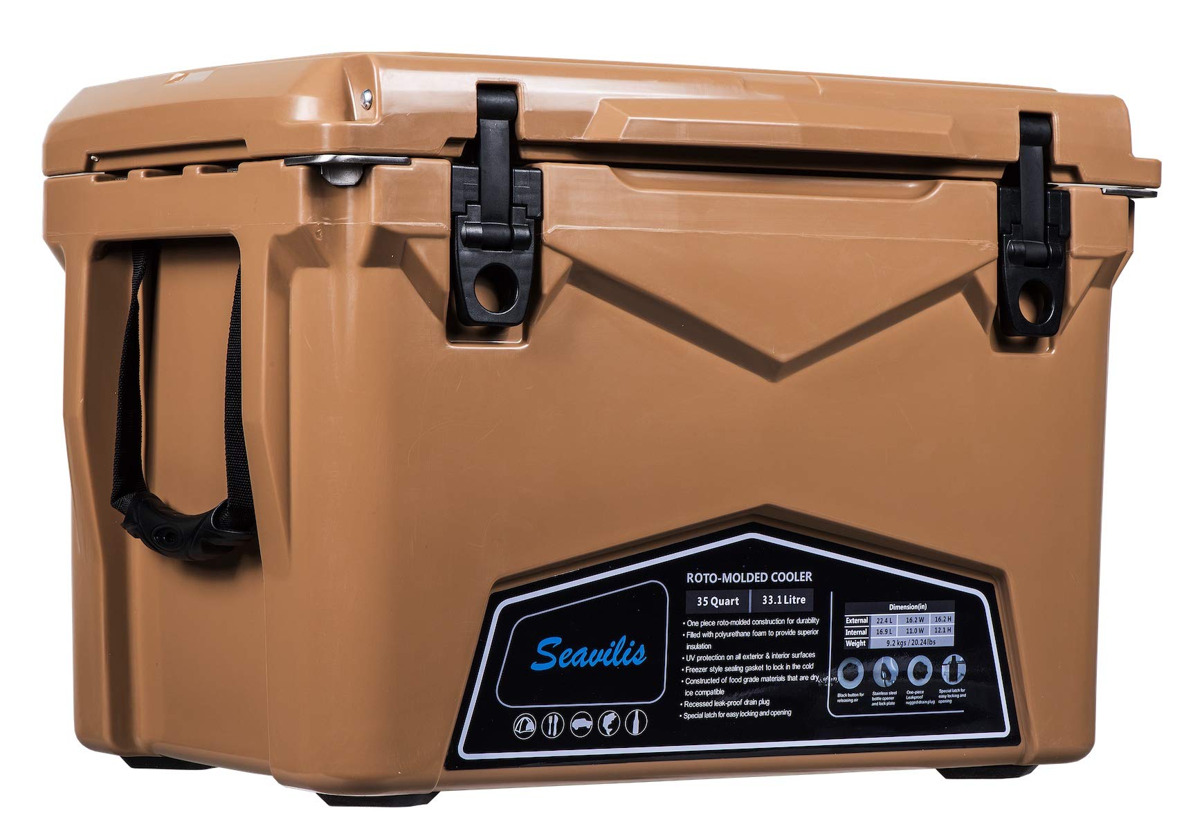 Seavilis 45qt Heavy Duty Roto Molded Ice Chest Cooler - Tan, Portable Outdoor Cooler for Camping, Fishing, Picnics & Tailgating