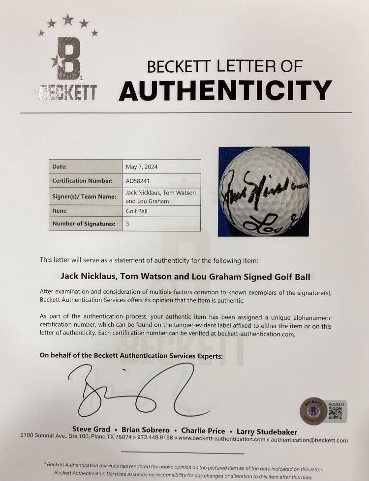 Authentic Jack Nicklaus, Tom Watson & Lou Graham Signed Bobby Jones Golf Ball with BAS LOA - Perfect for Golf Memorabilia Collectors & Sports Fans Display