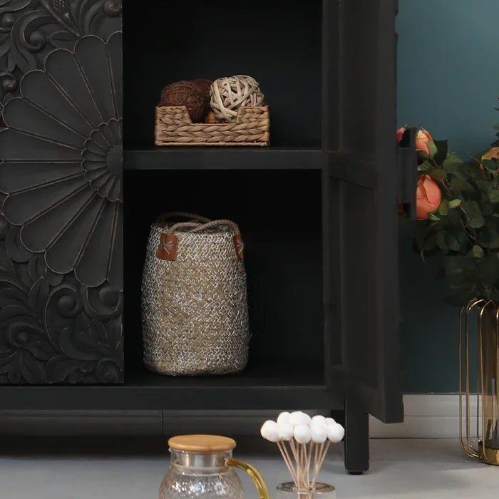 Hand Carved Black Wooden Sideboard Cabinet - Natural Solid Wood Buffet Storage for Dining Room, Living Room & Entryway