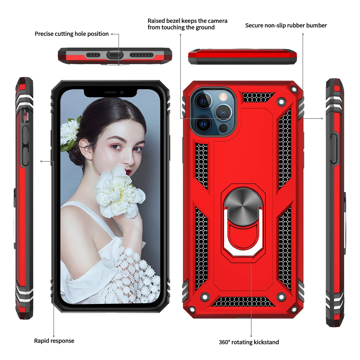 LeYi iPhone 12 Pro Max Case with [2 Pack] Tempered Glass Screen Protector & Camera Lens Cover - Military-Grade Shockproof Phone Cover with Kickstand for Men & Women (Red) - Perfect for Outdoor Activities, Travel & Daily Protection
