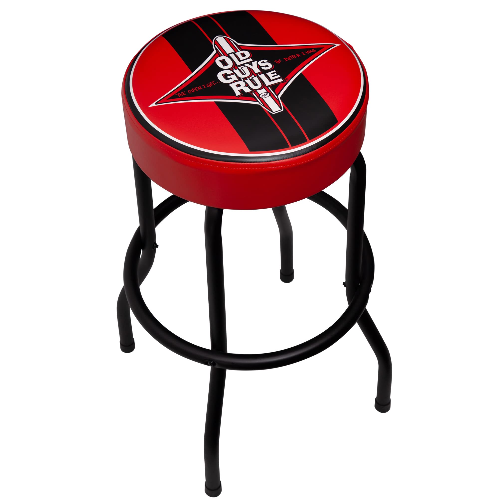 Plasticolor 004775R01 Old Guys Rule Logo Bar Stool - Durable Garage & Game Room Stool with Backrest - Perfect for Man Cave, Basement Bars & Workshop Seating