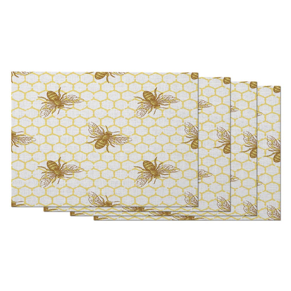 Bee Placemats Set of 4 - 12x18 Inch Cotton Linen Table Mats with Nature Retro Bee & Honeycomb Design for Dining Room Kitchen Decor - Perfect for Spring Parties, Picnics & Farmhouse Style Home Decor