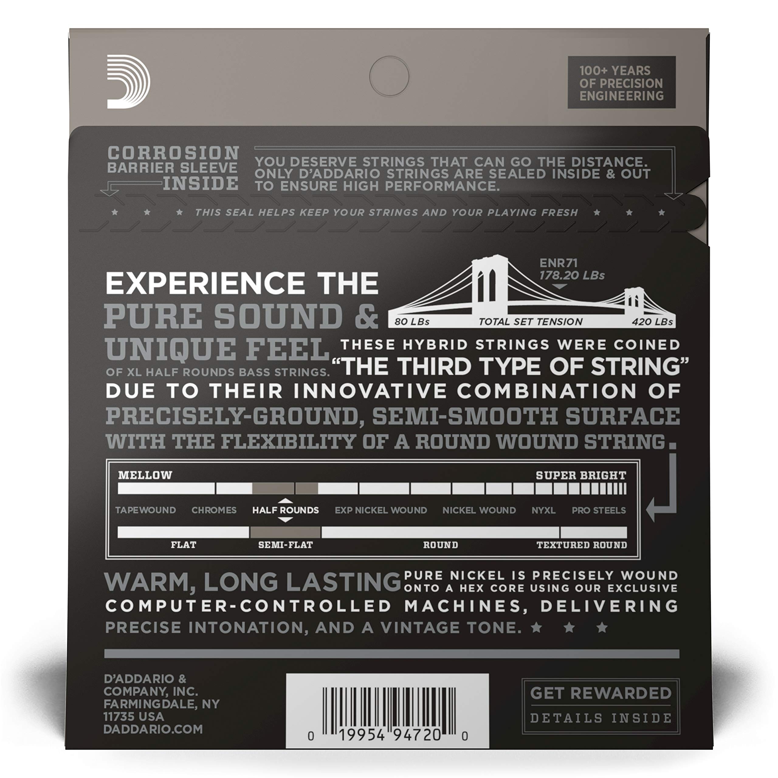 D'Addario XL Nickel Half Round Bass Guitar Strings - ENR71, Long Scale, Regular Light Gauge 45-100, 4-String Set (Pack of 1) | Smooth Playability for Jazz, Blues & Rock Performances
