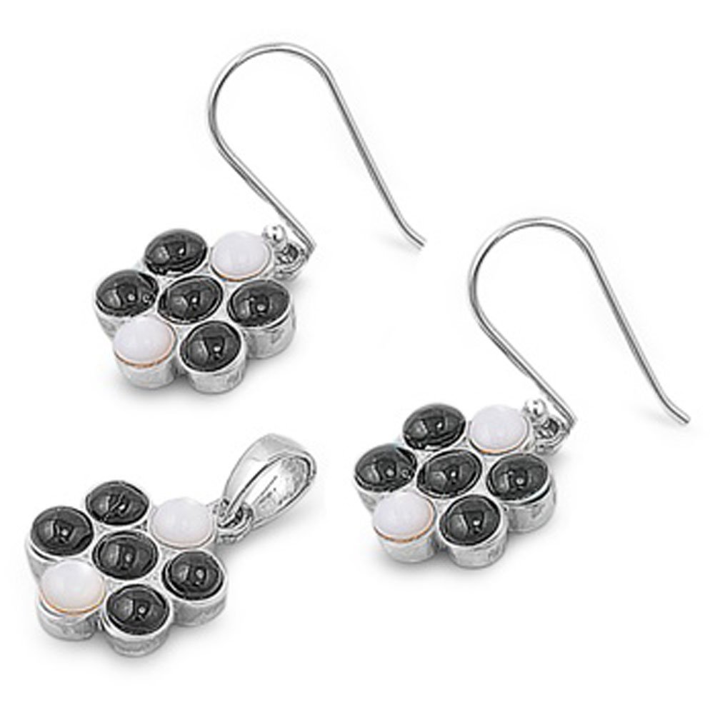 Black Onyx & Mother of Pearl Flower Earrings - .925 Sterling Silver Dangle Pendant Set for Women | Elegant Jewelry Gift for Weddings, Parties & Special Occasions