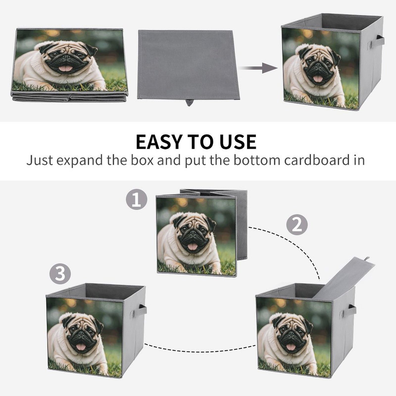 1PCS Foldable Storage Bins - Pug Dog Printed Large Capacity Storage Box with Handle, Organizer Cube for Playroom, Office & Home Organization | Perfect for Toys, Books & Clutter Control