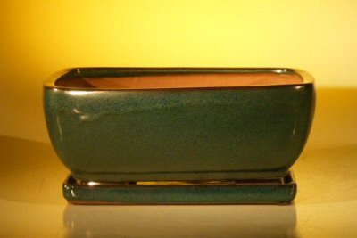 Dark Moss Green Ceramic Bonsai Pot - Professional Rectangle Planter with Drainage Holes & Humidity Tray (10.75 x 8.5 x 4.125 inches) - Perfect for Indoor Plants, Succulents, Japanese Zen Gardens & Home Decor