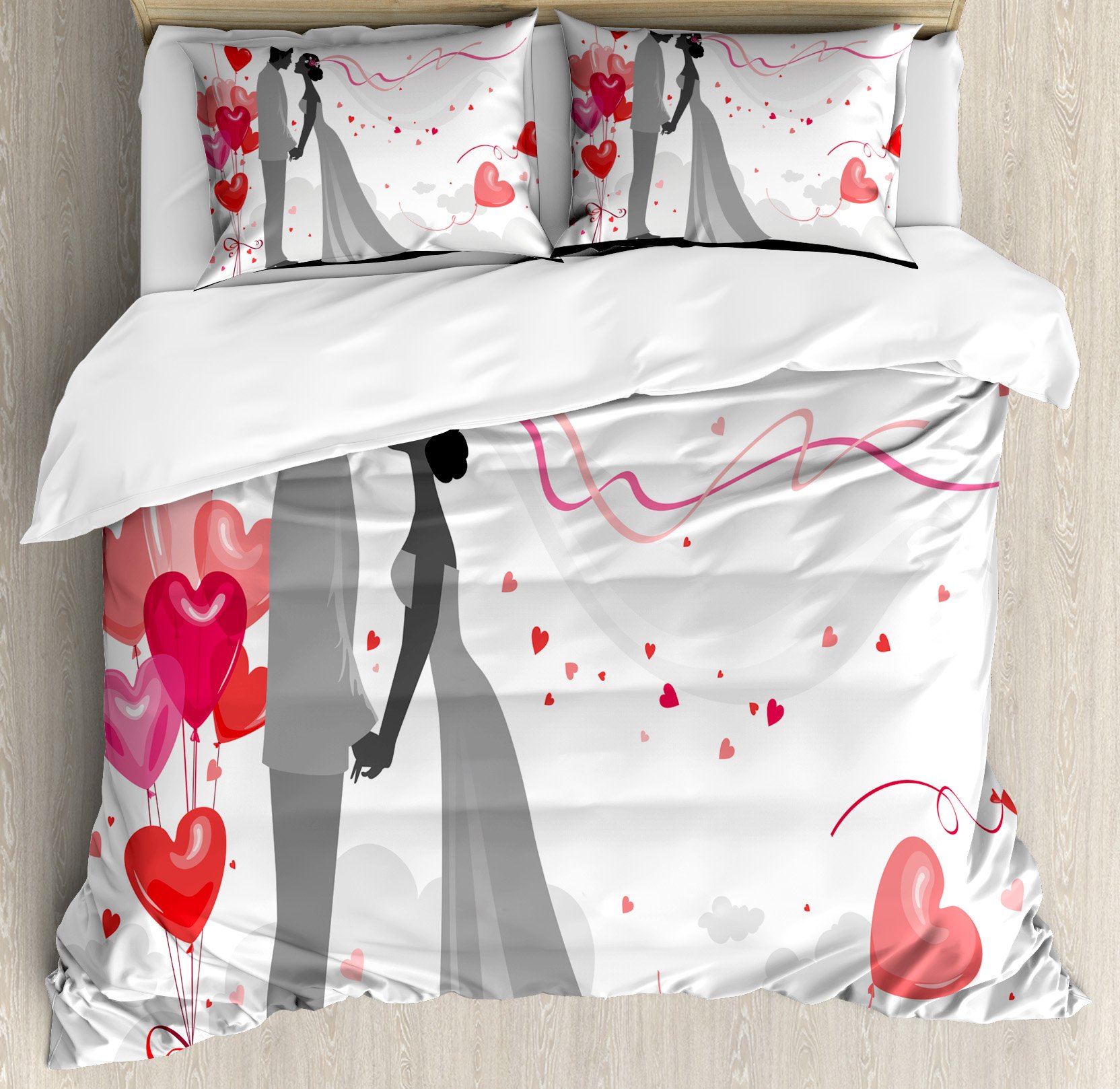 Romantic Heart Balloons Wedding Duvet Cover Set - 3 Piece King Size Bedding with 2 Pillow Shams in Scarlet Pink & Grey - Perfect for Bridal Showers, Honeymoon Suites & Anniversary Gifts