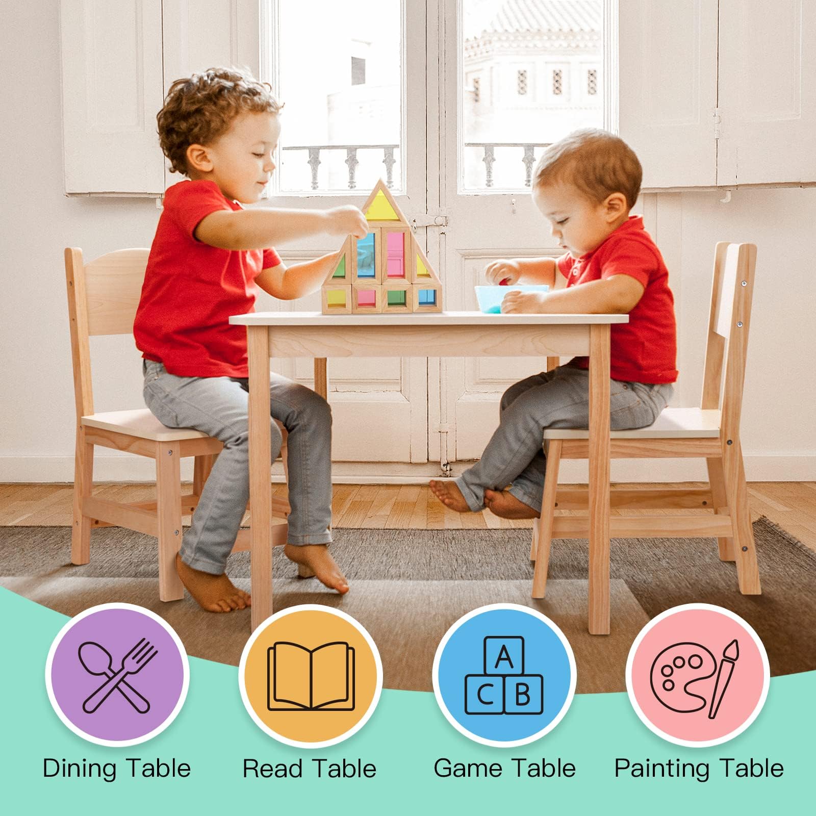 OOOK Wooden Kids Table and 2 Chairs Set - Waterproof Toddler Table with Smooth Edges, Easy to Clean Children's Dining & Activity Furniture for Eating, Snack Time, Arts & Crafts, Playtime and Learning Activities