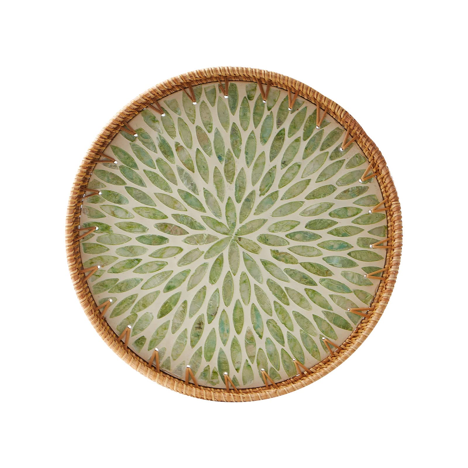 Round Rattan Tray with Mother of Pearl Inlay - Handmade Wicker Serving Tray with Wooden Base - Decorative Basket for Coffee, Bread, Fruit Display - Perfect for Dining Table Decor, Kitchen Storage & Living Room Organization