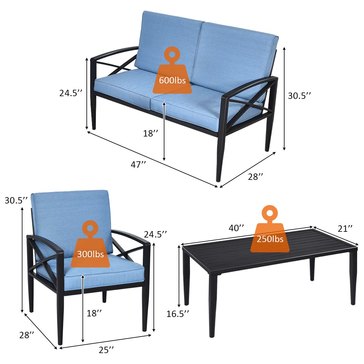 Tangkula 8-Piece Outdoor Patio Furniture Set - 2 Loveseats, 4 Single Sofas & 2 Coffee Tables with Cushions - Durable Aluminum Garden Conversation Set for Backyard, Poolside, Deck or Terrace (Blue)