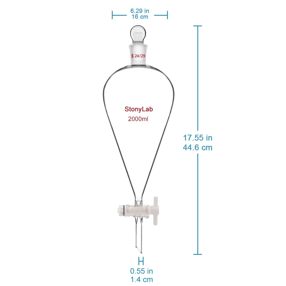 StonyLab 2L PTFE Stopcock Borosilicate Glass Heavy Wall Separatory Funnel with 24/29 Joint - Conical Pear-Shaped Lab Funnel for Chemical Separation, Liquid Extraction & Laboratory Experiments