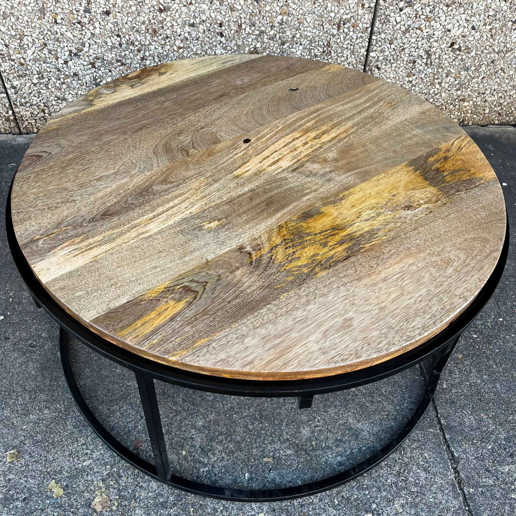 Hand Carved Indian Mango Wood Round Metal Coffee Table - 39.4